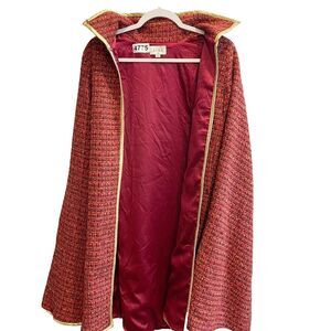 Aura Womens Red Cape Blazer Jacket Size XS Tweed Open Front Lined Gold Trim Tie